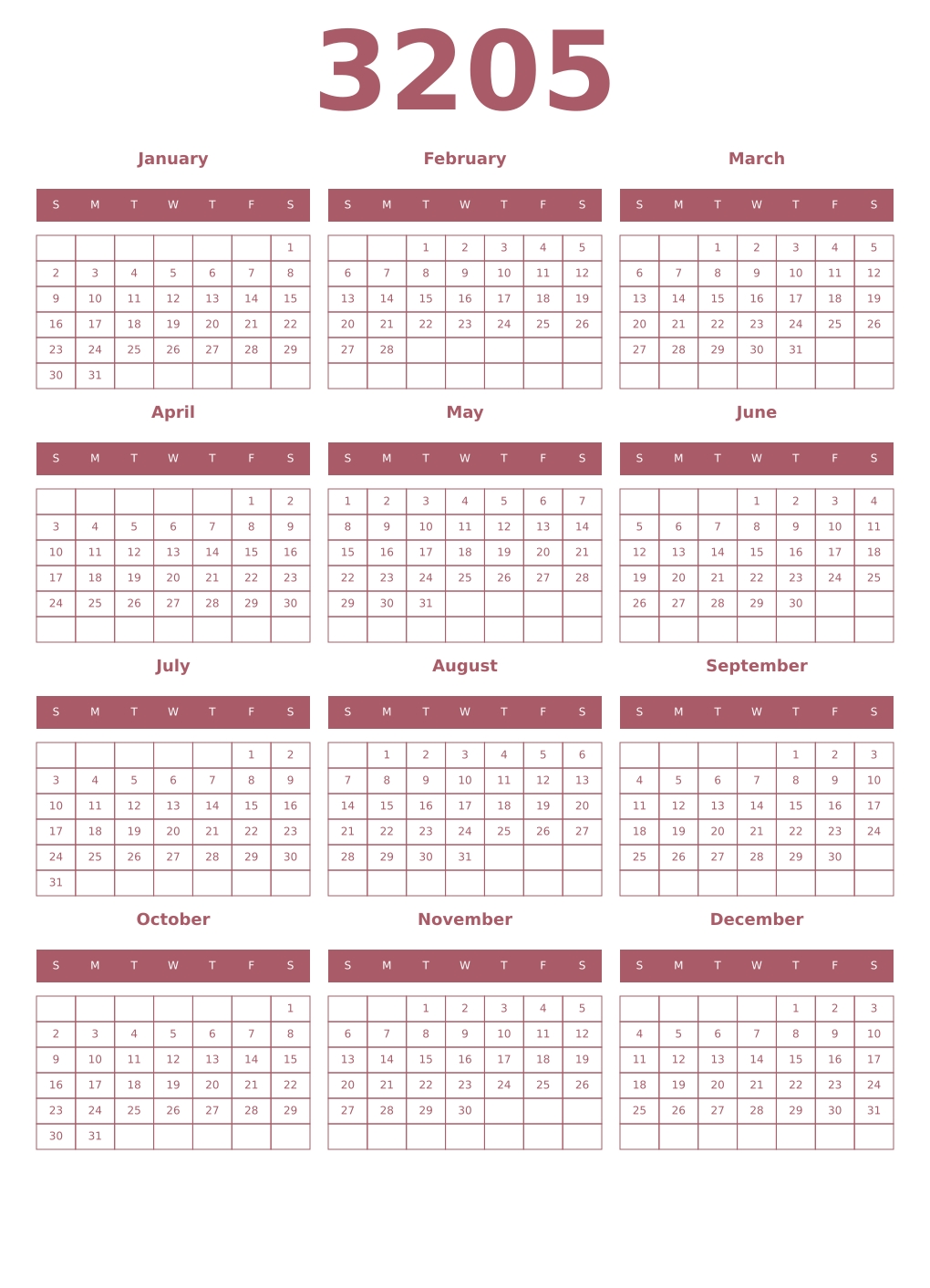 Printable 3205 Year Calendars puce