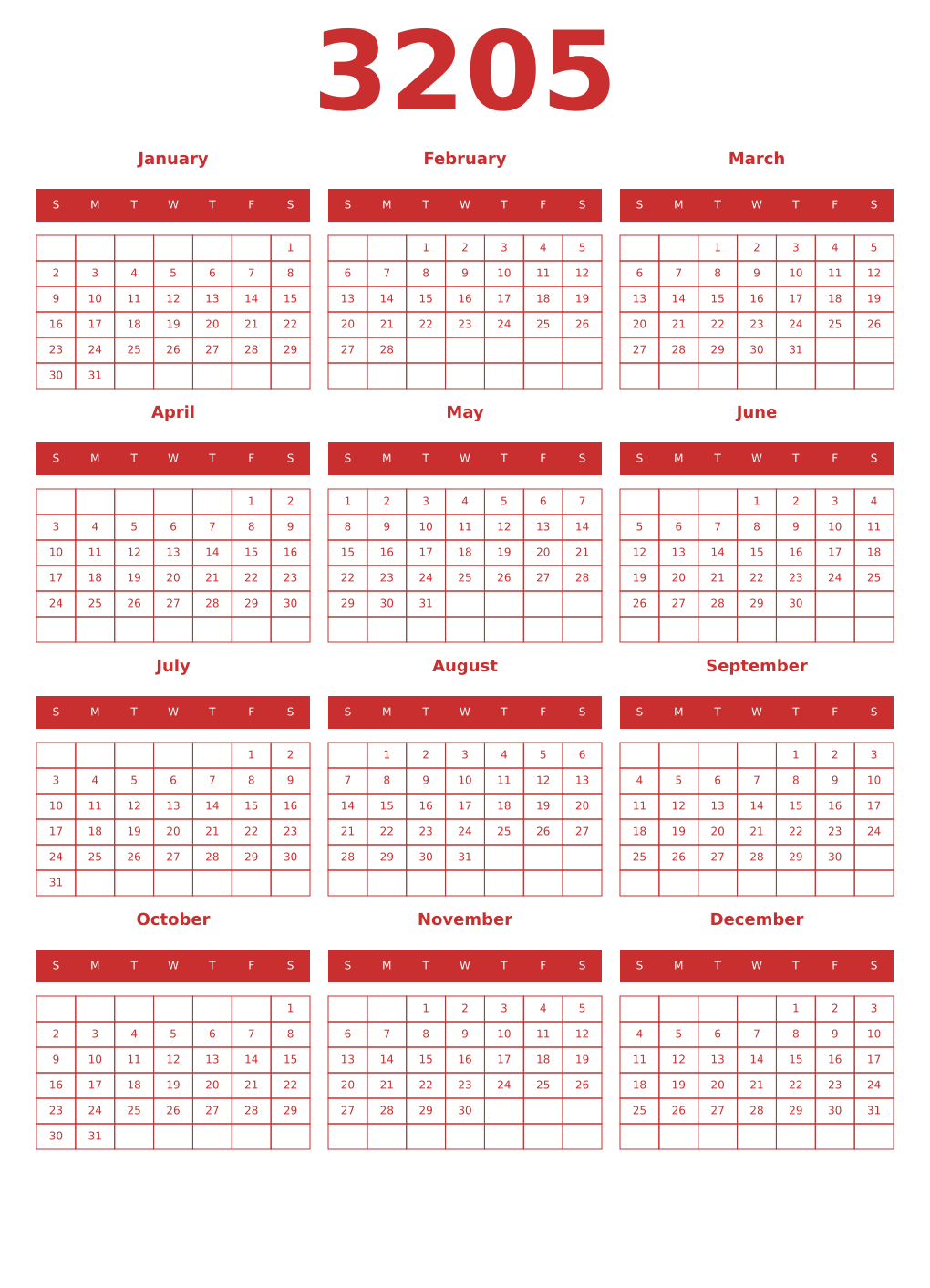 Printable 3205 Year Calendars red