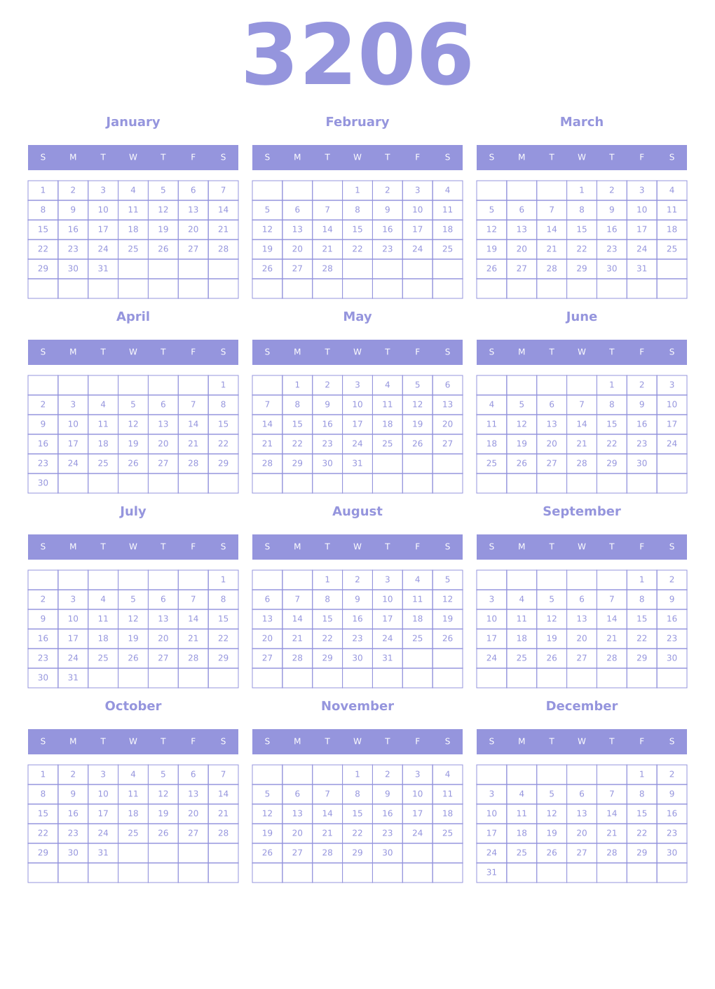 Printable 3206 Year Calendars periwinkle