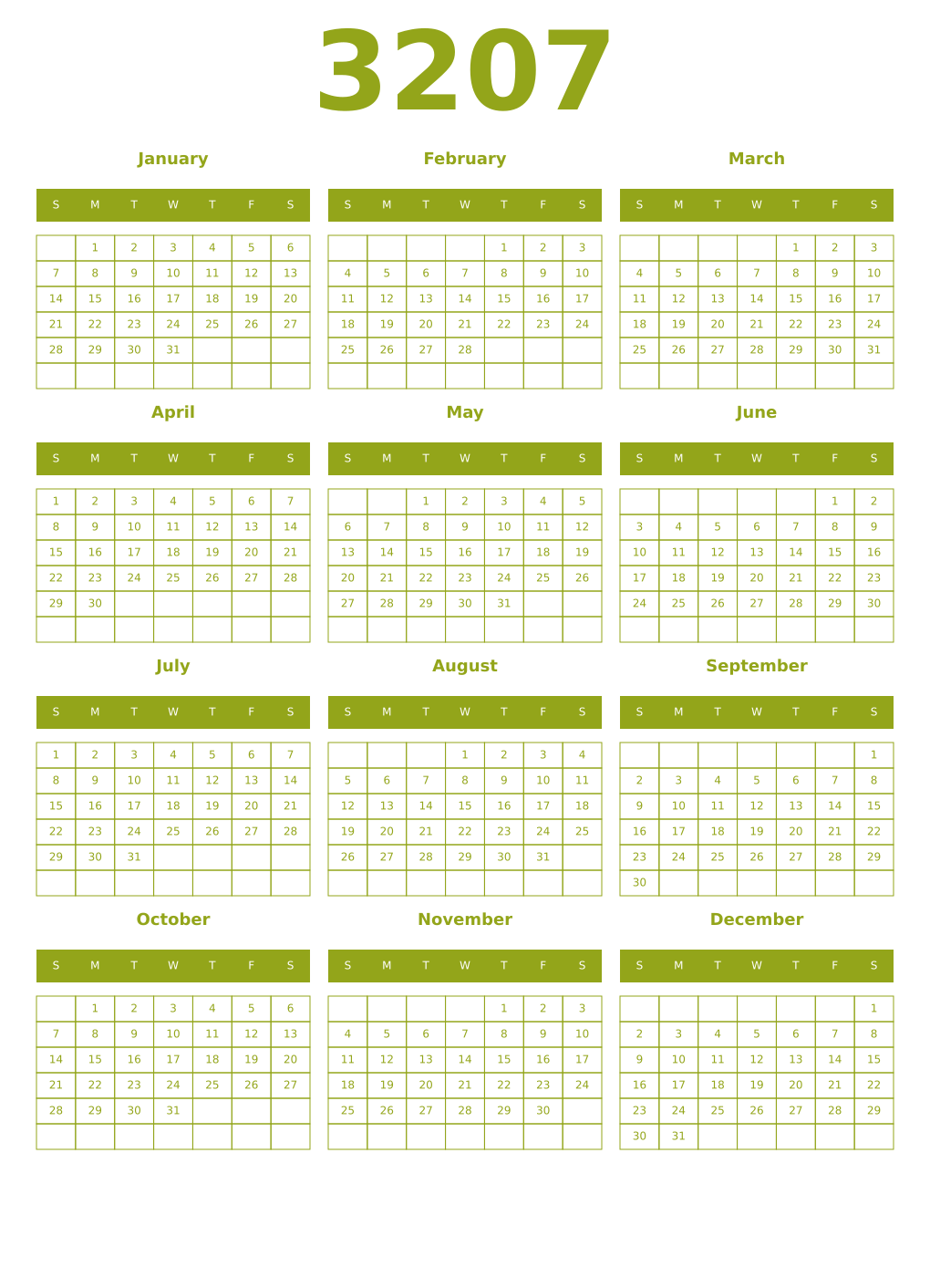 Printable 3207 Year Calendars chartreuse