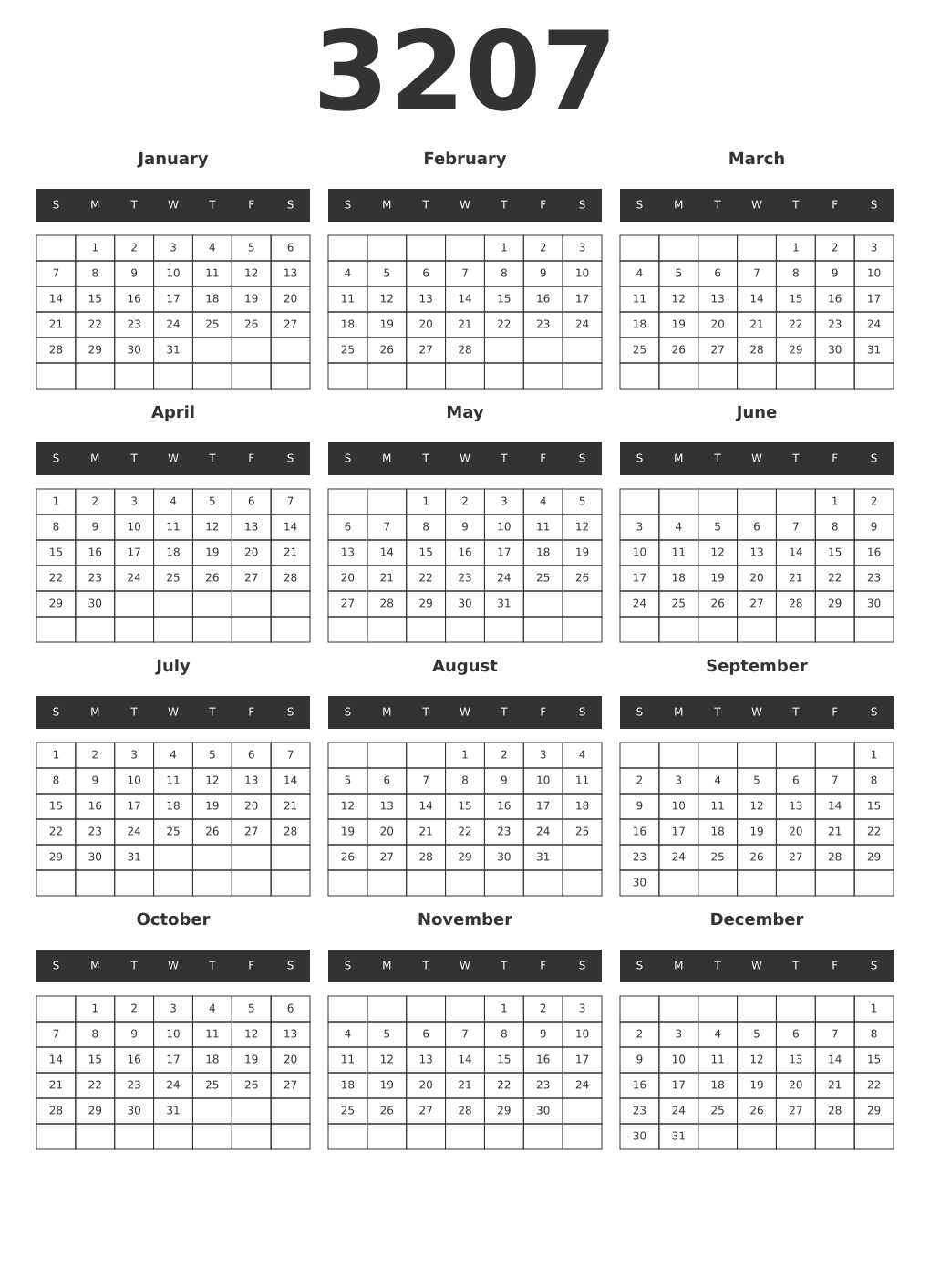 Printable 3207 Year Calendars dark