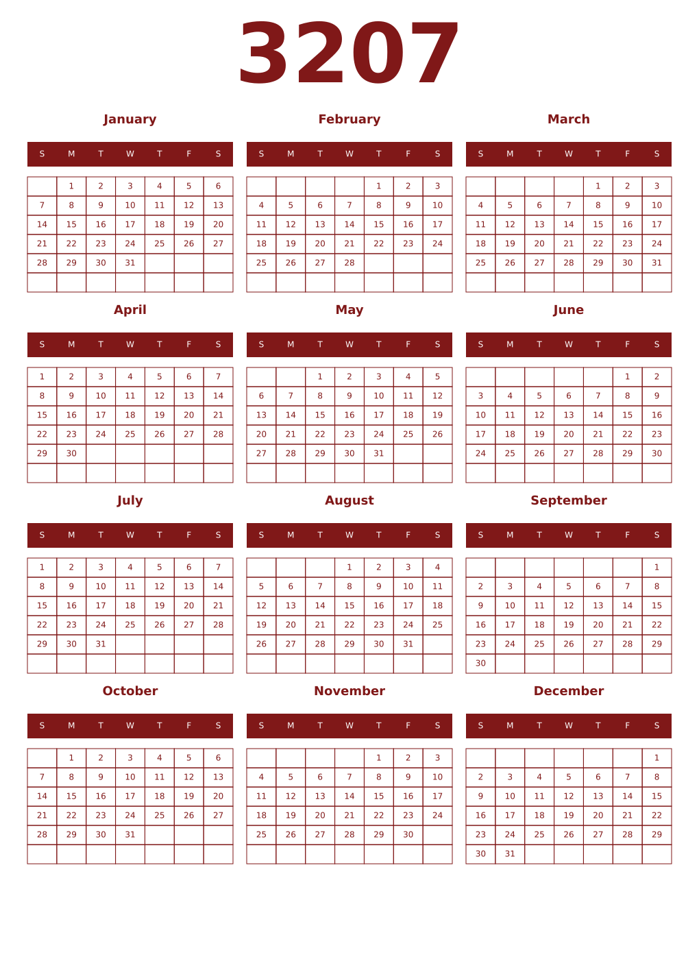 Printable 3207 Year Calendars falu