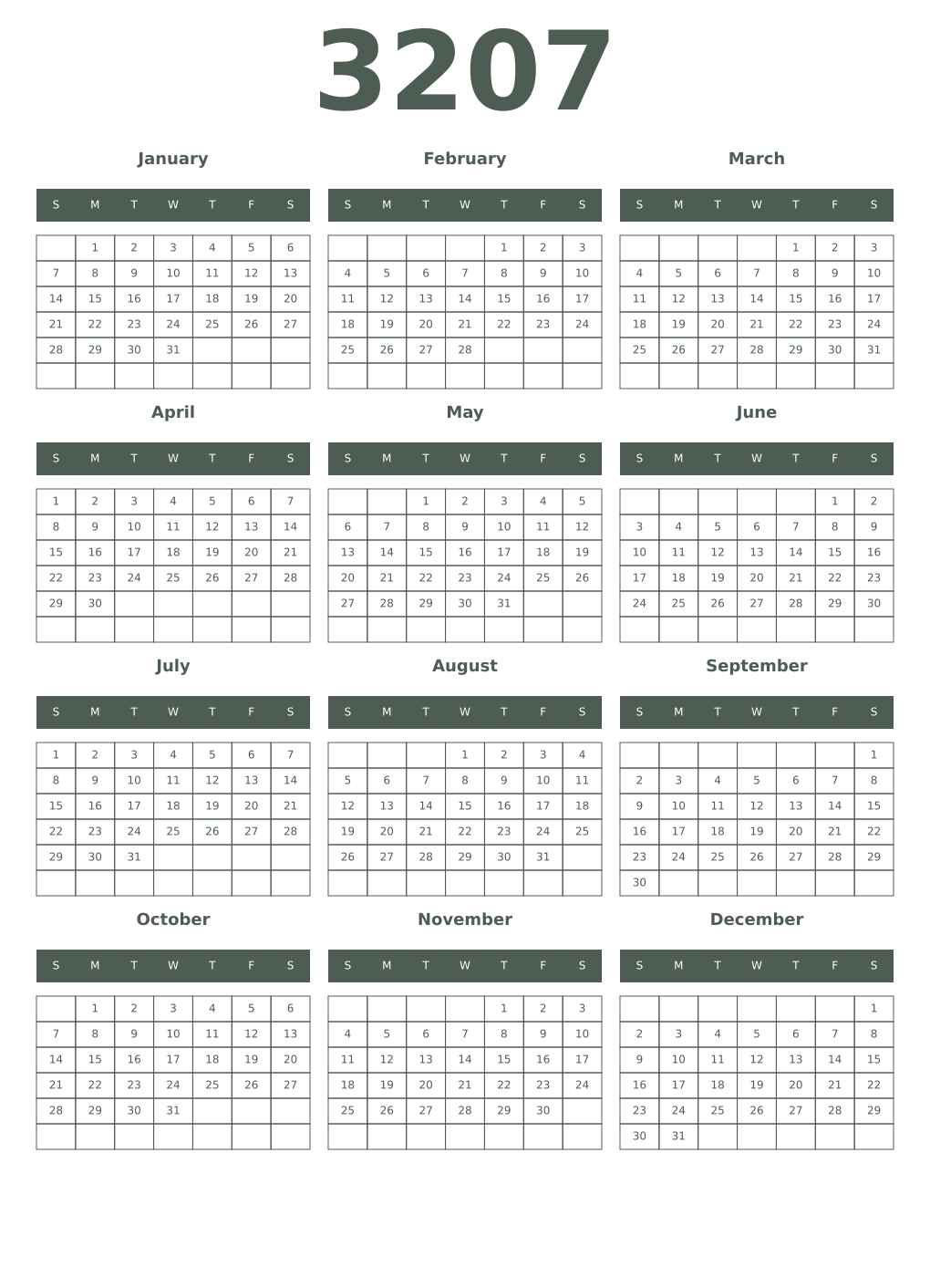 Printable 3207 Year Calendars feldgrau
