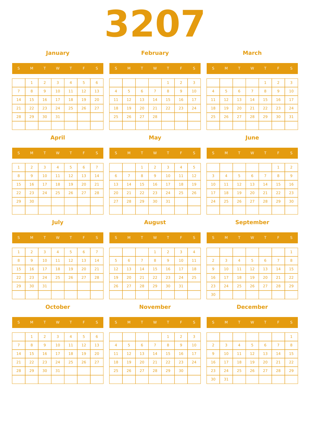 Printable 3207 Year Calendars gamboge