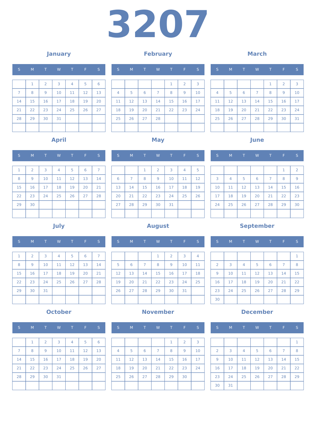 Printable 3207 Year Calendars glaucous