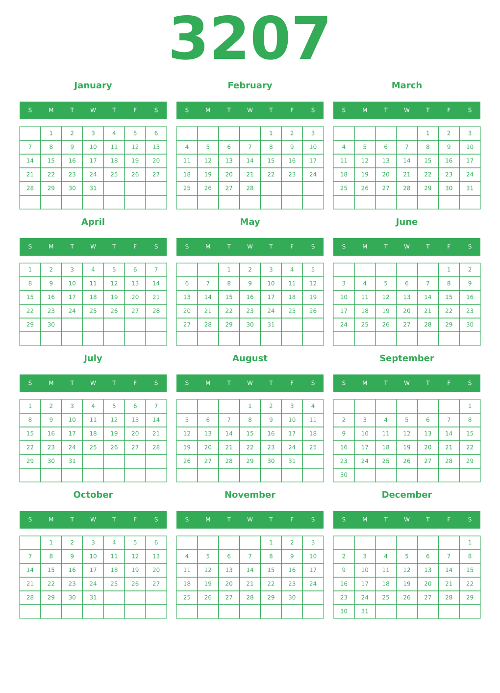 Printable 3207 Year Calendars green