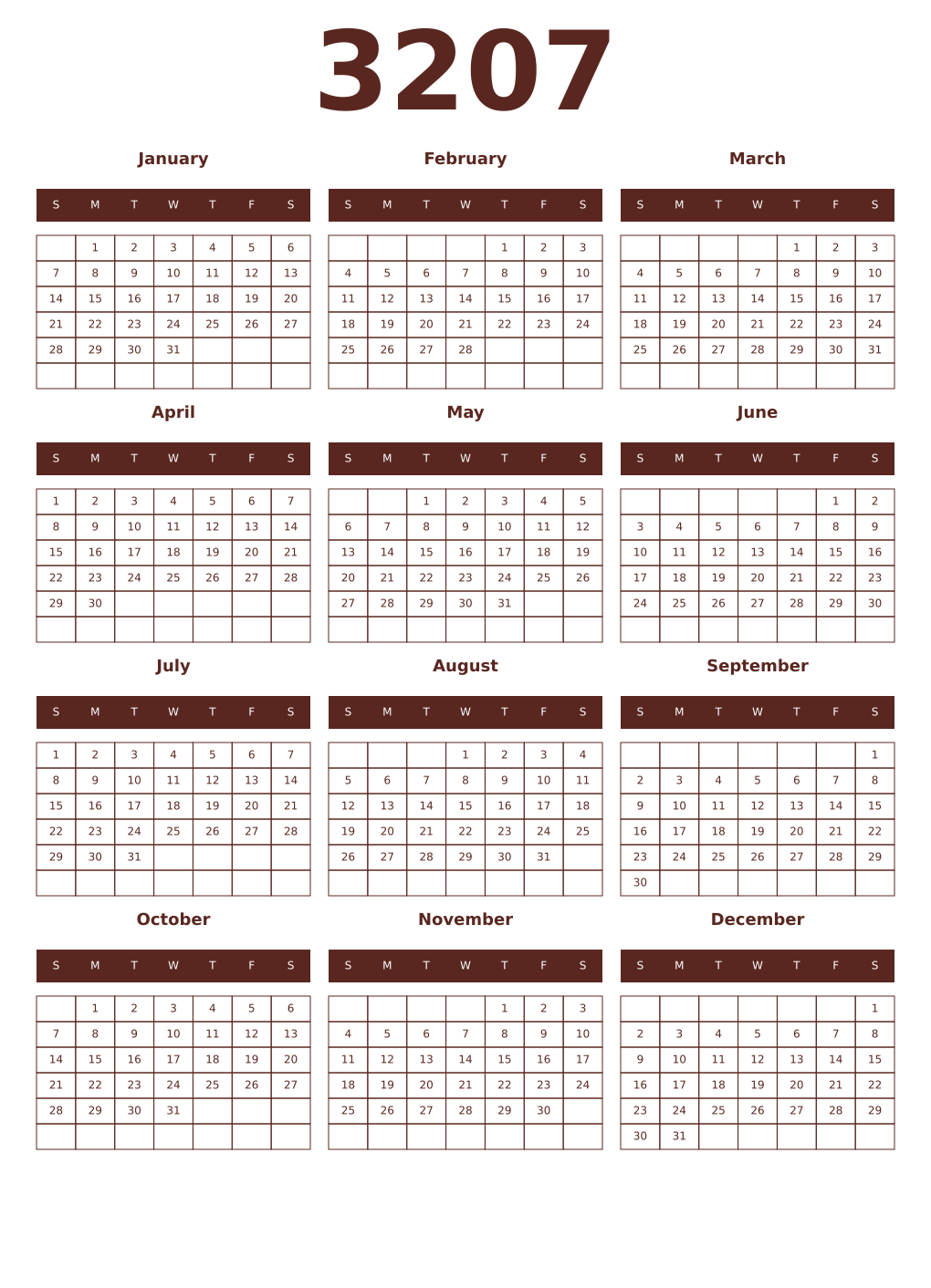 Printable 3207 Year Calendars mortuum