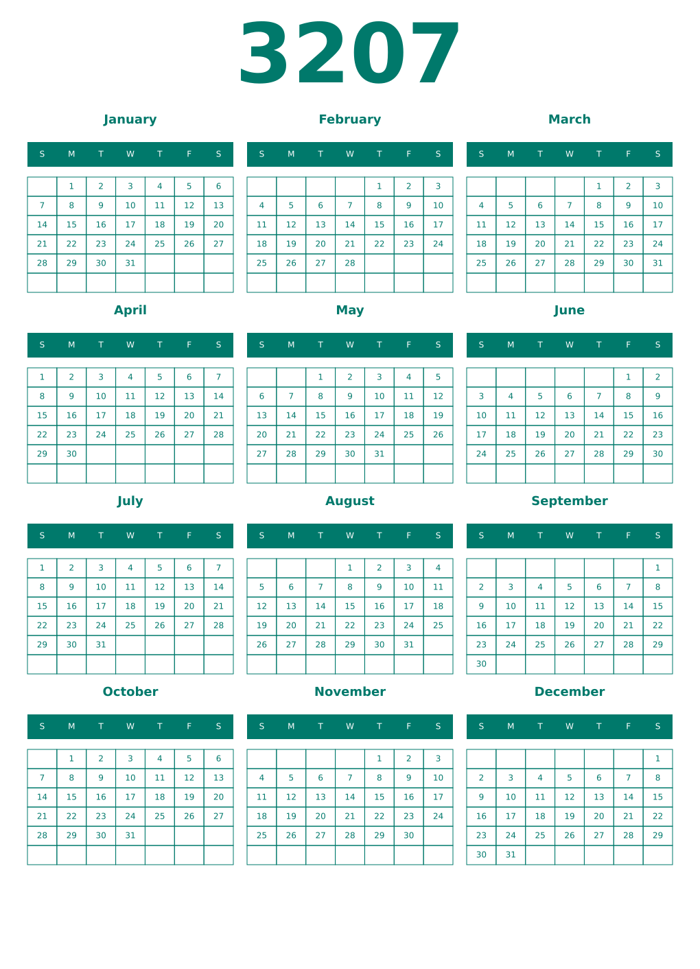 Printable 3207 Year Calendars pastel