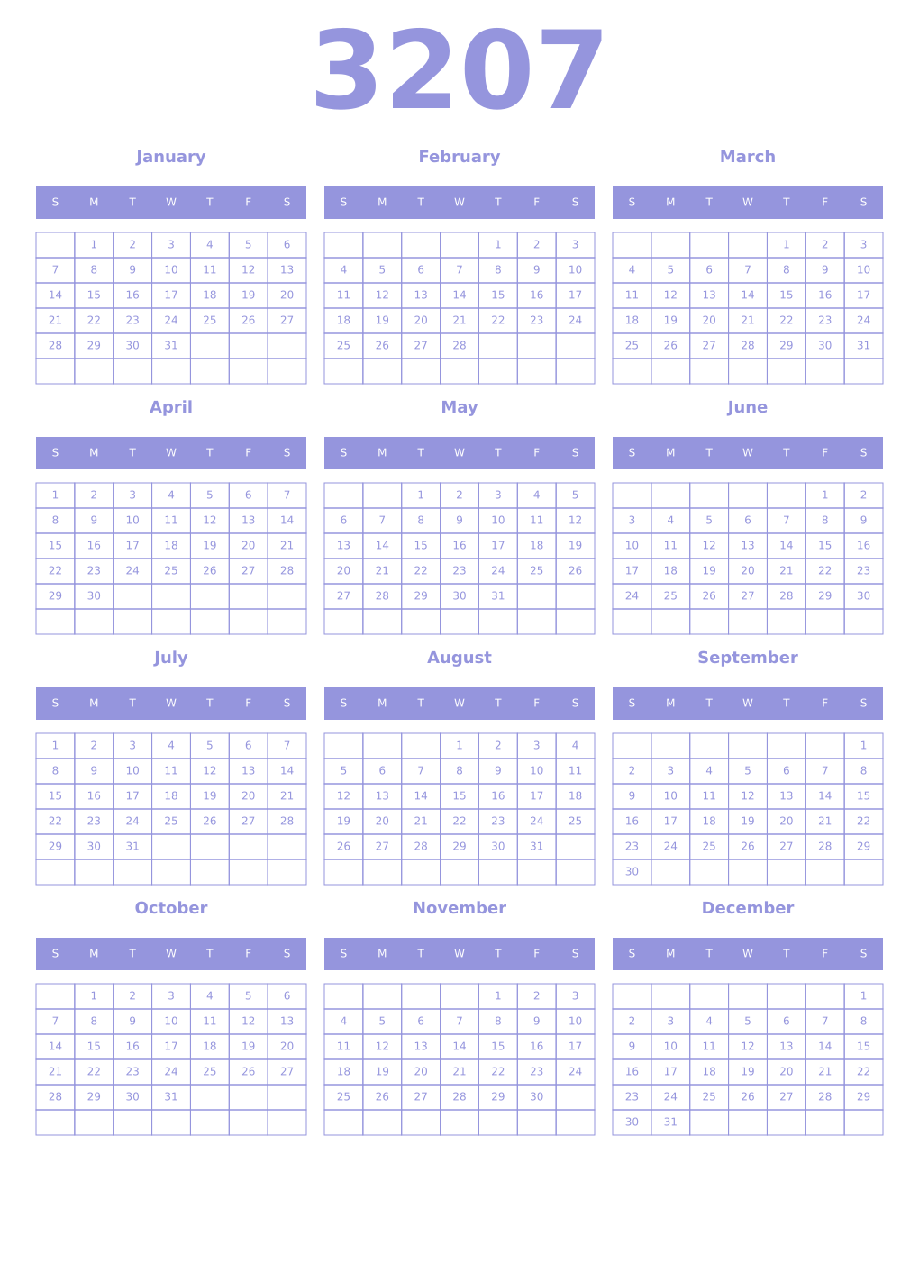 Printable 3207 Year Calendars periwinkle