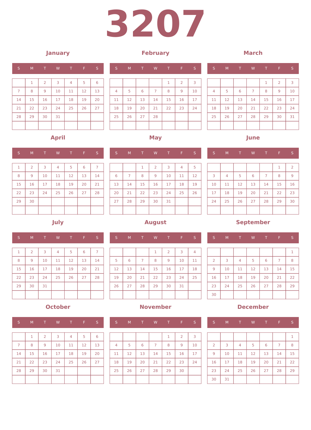 Printable 3207 Year Calendars puce