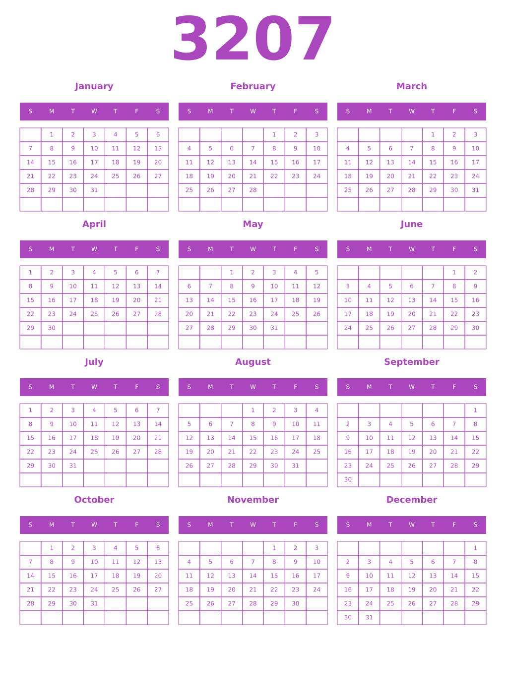 Printable 3207 Year Calendars purple