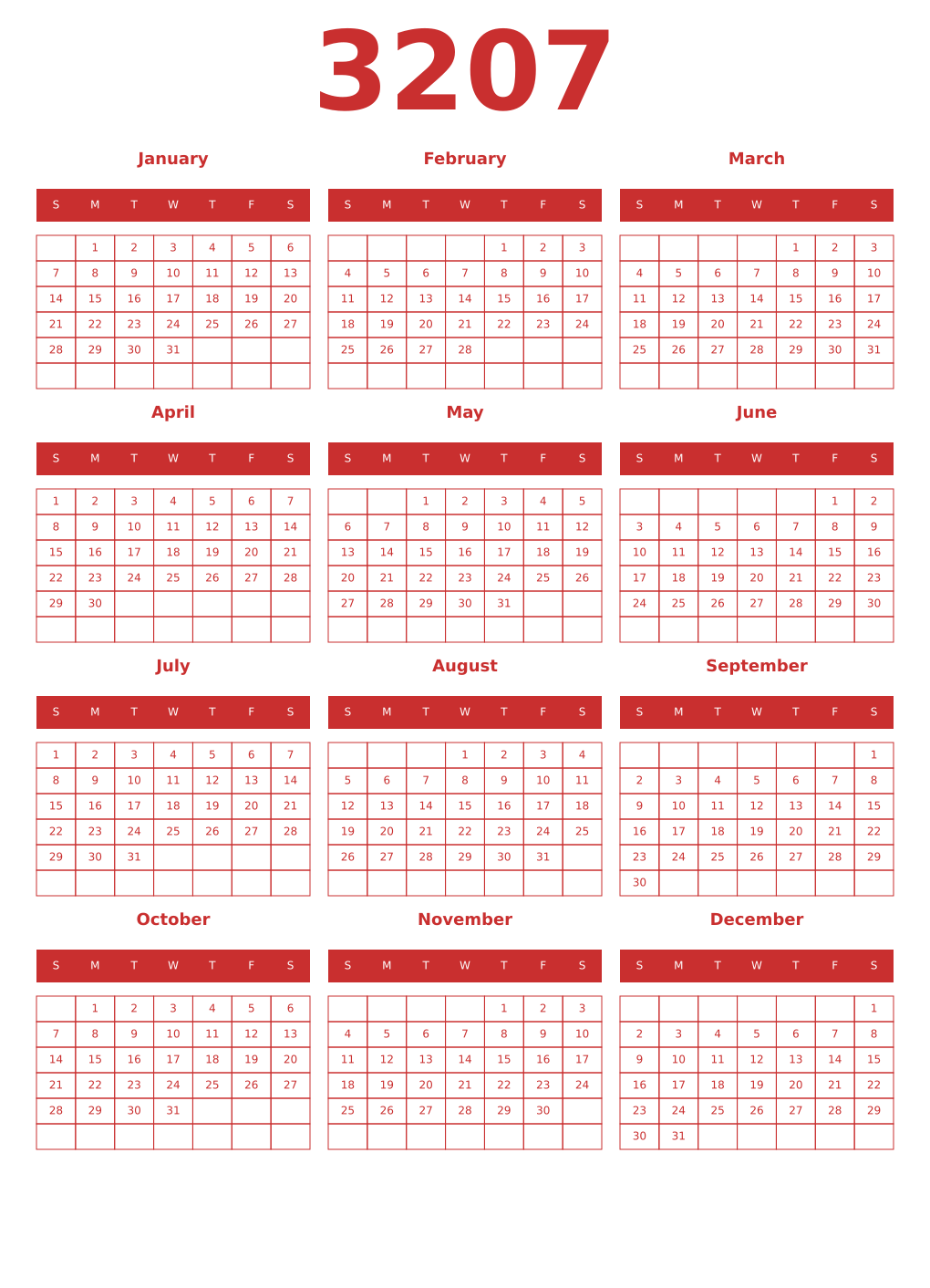 Printable 3207 Year Calendars red