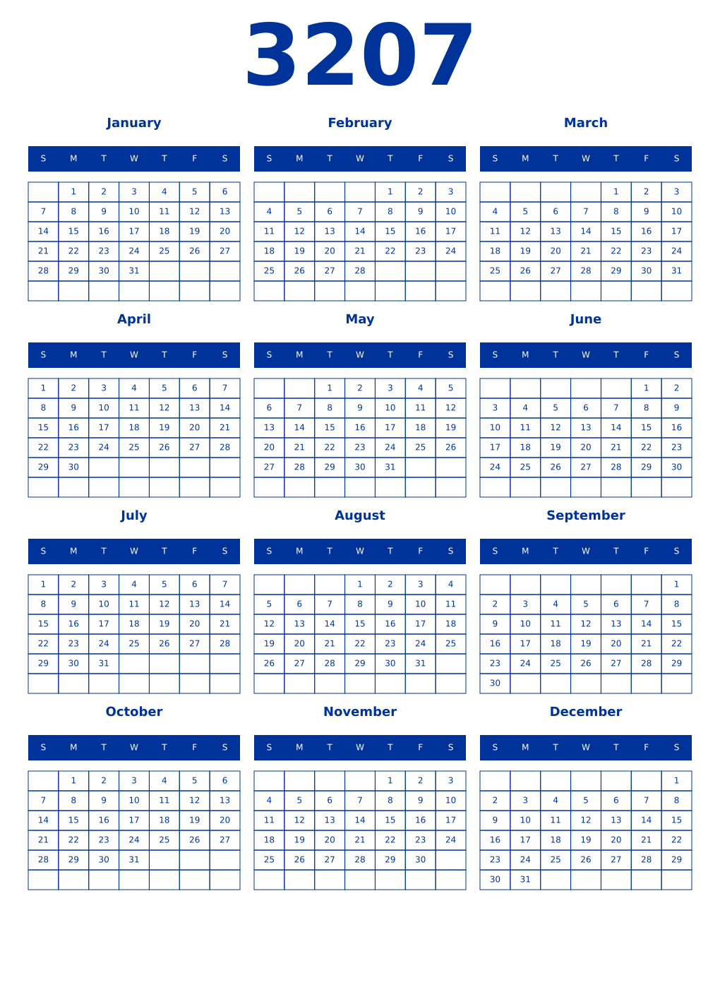 Printable 3207 Year Calendars smalt