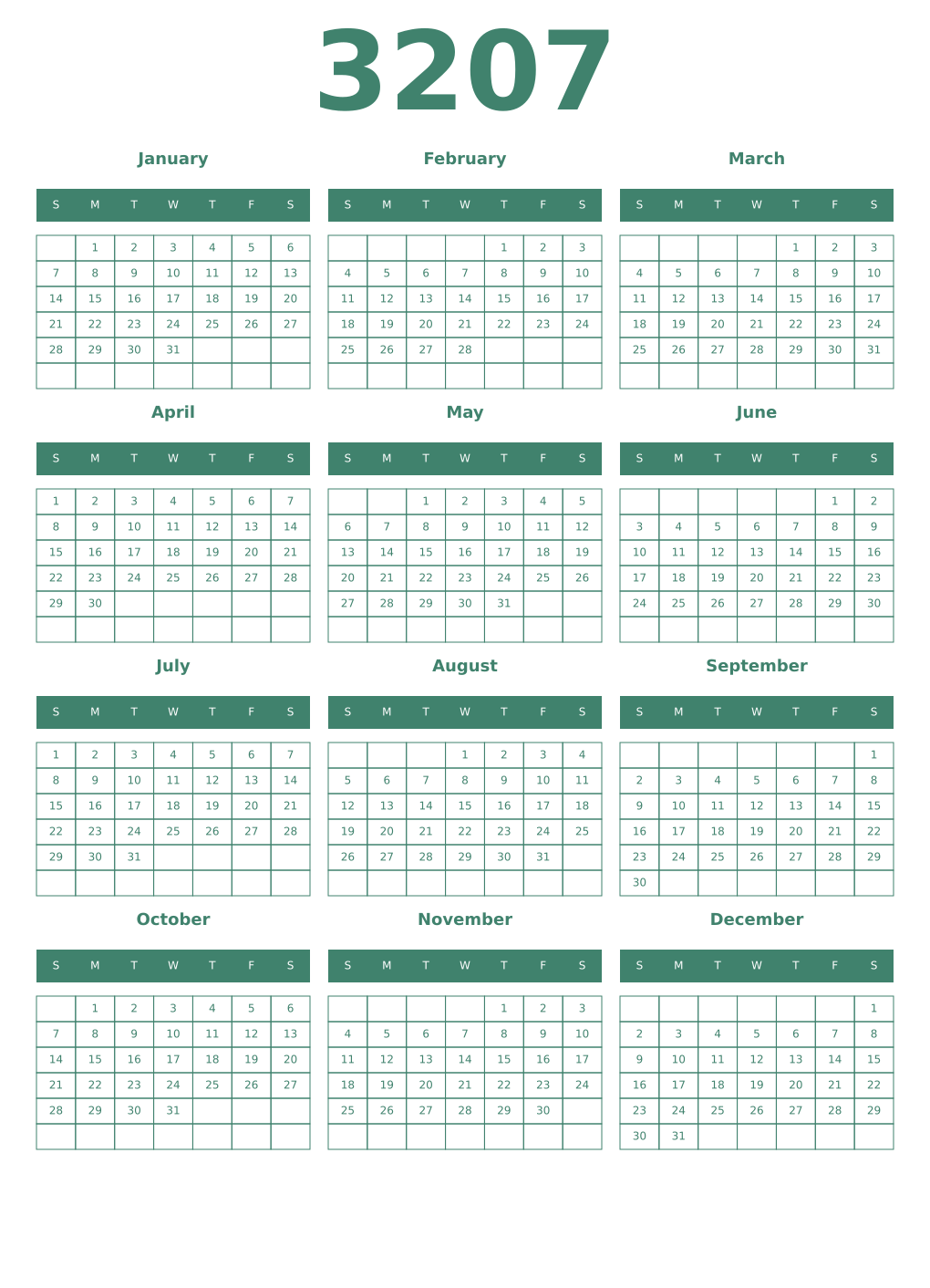 Printable 3207 Year Calendars viridian