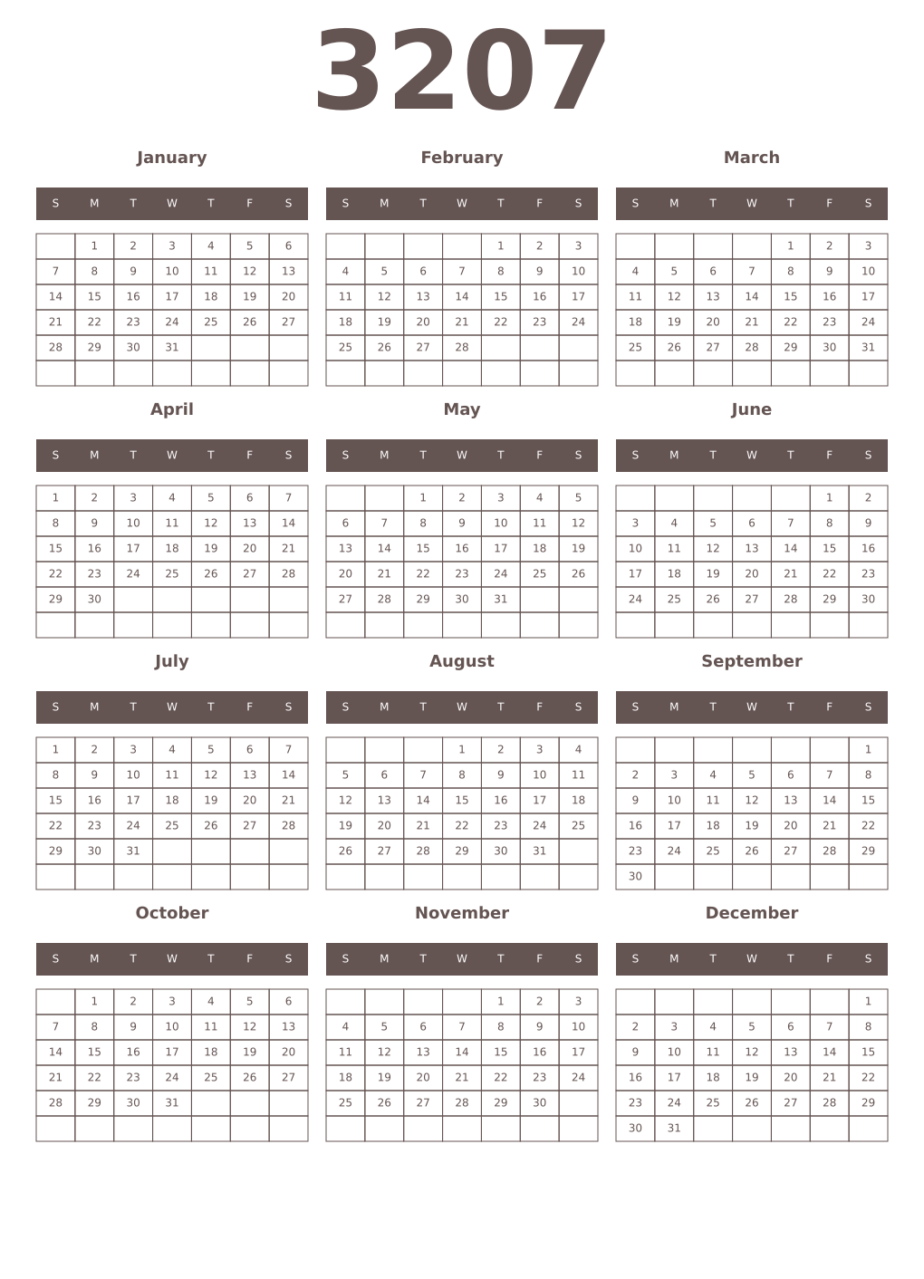 Printable 3207 Year Calendars wenge