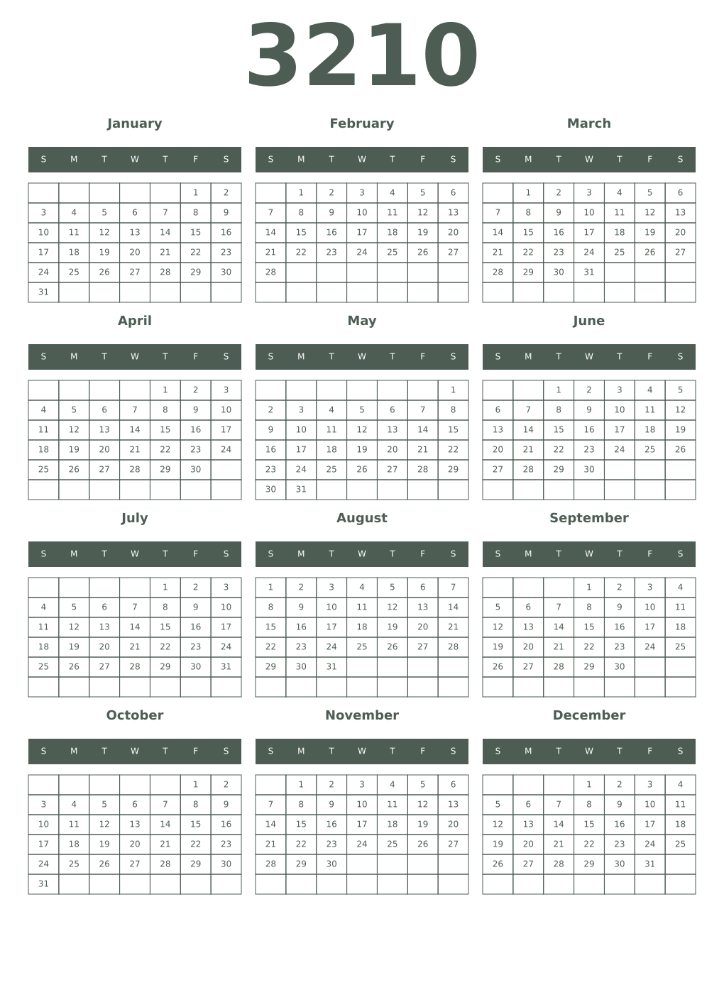 Printable 3210 Year Calendars feldgrau