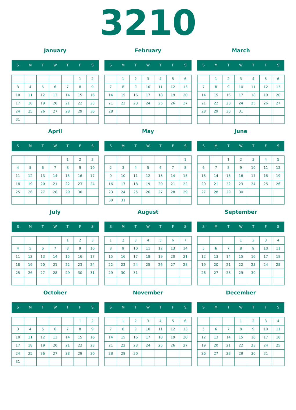 Printable 3210 Year Calendars pastel