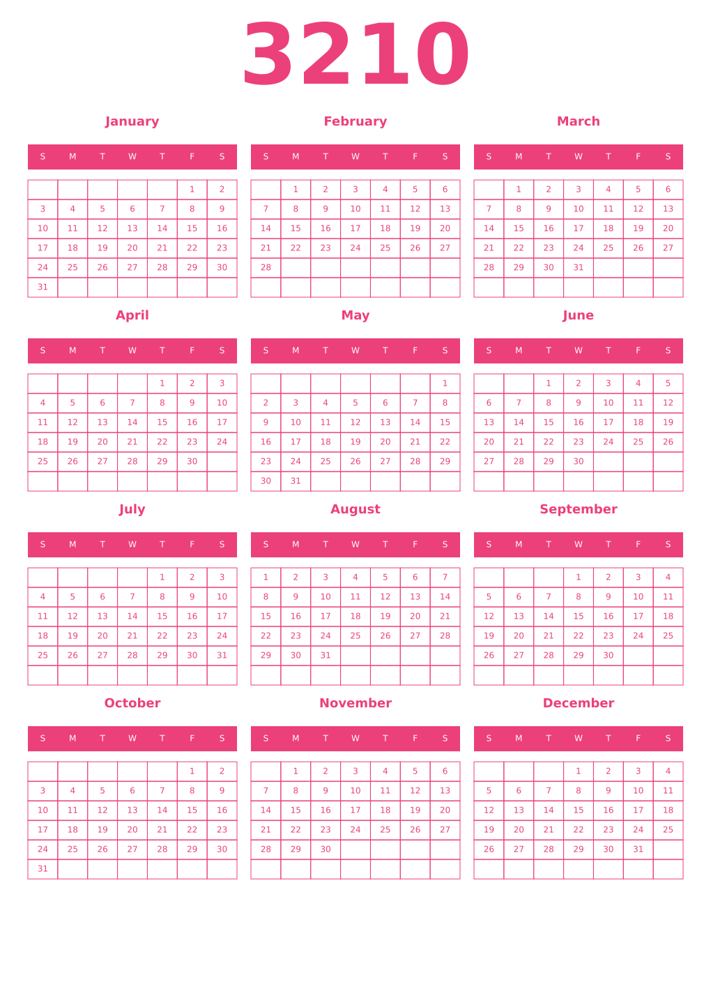 Printable 3210 Year Calendars pink