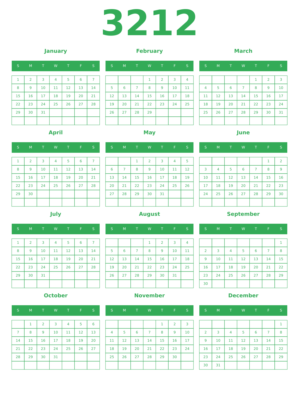 Printable 3212 Year Calendars green