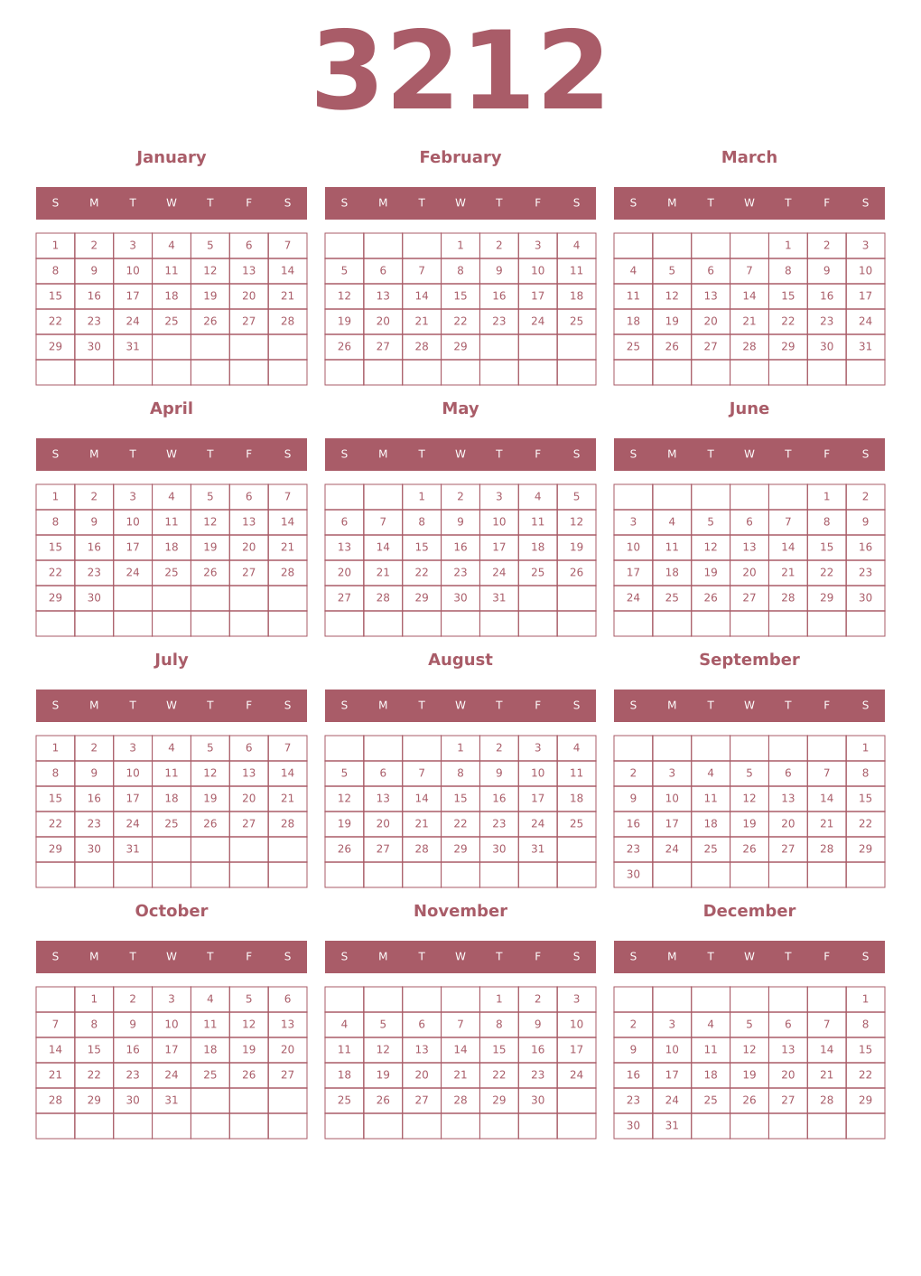 Printable 3212 Year Calendars puce