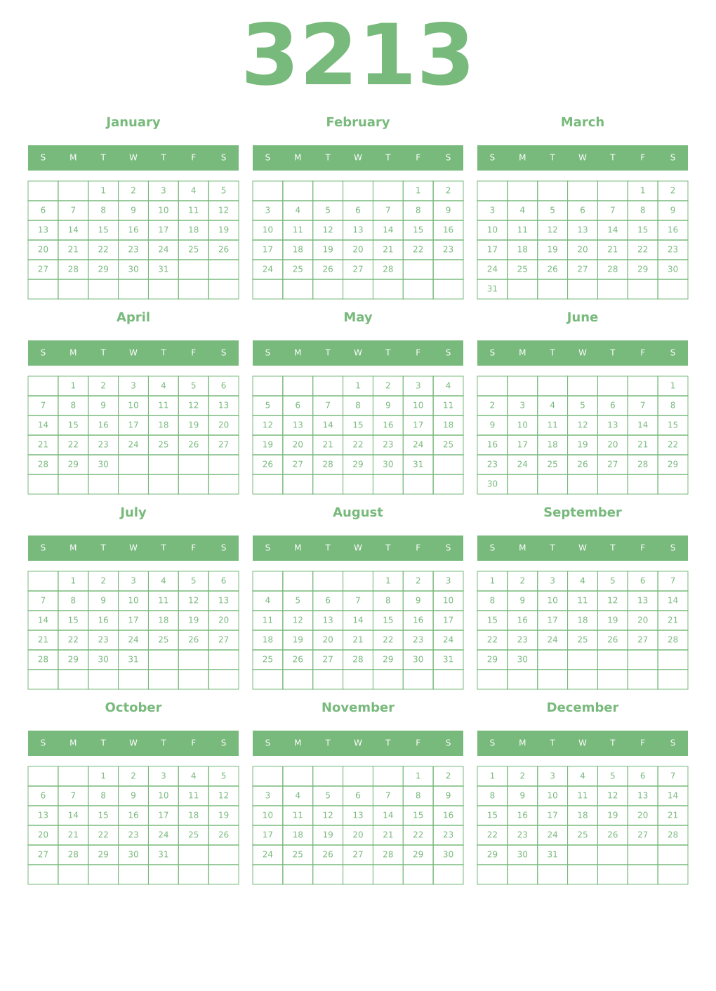 Printable 3213 Year Calendars celadon