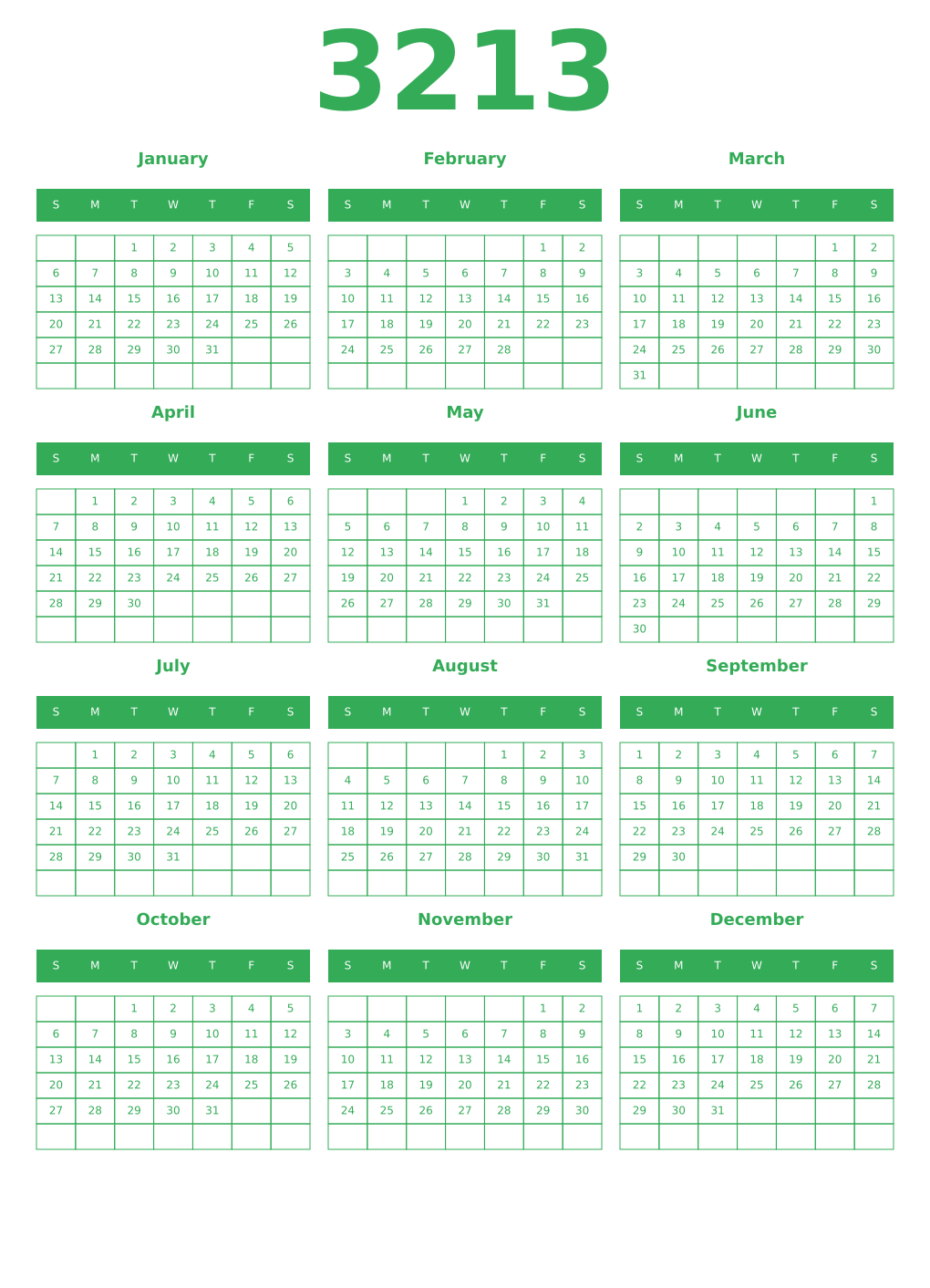 Printable 3213 Year Calendars green