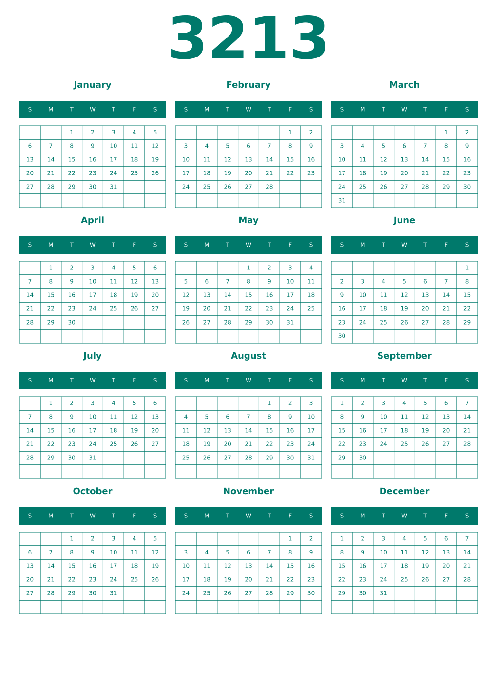 Printable 3213 Year Calendars pastel