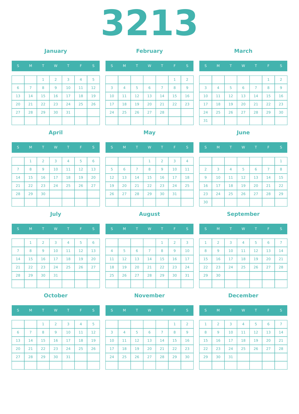 Printable 3213 Year Calendars verdigris