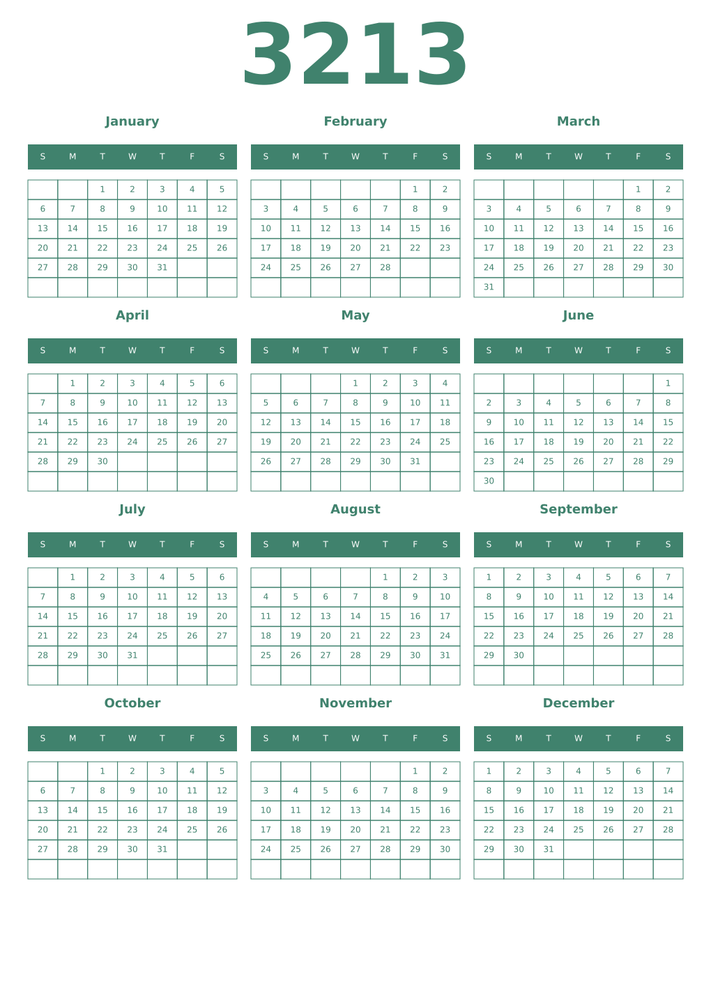 Printable 3213 Year Calendars viridian