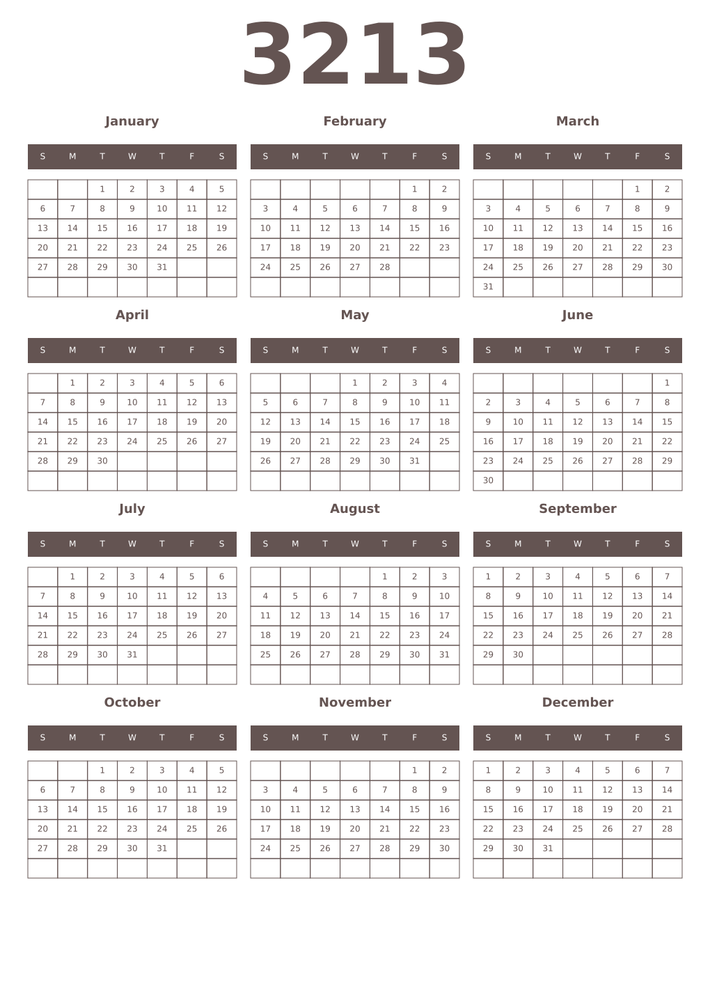 Printable 3213 Year Calendars wenge