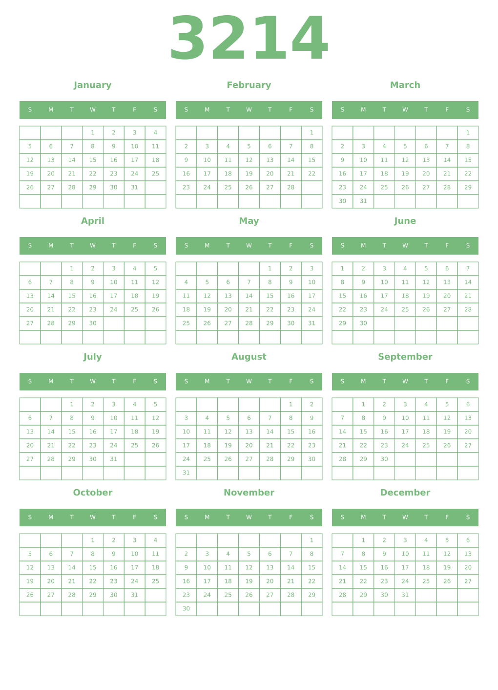 Printable 3214 Year Calendars celadon