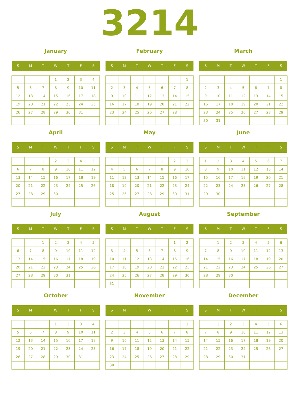 Printable 3214 Year Calendars chartreuse
