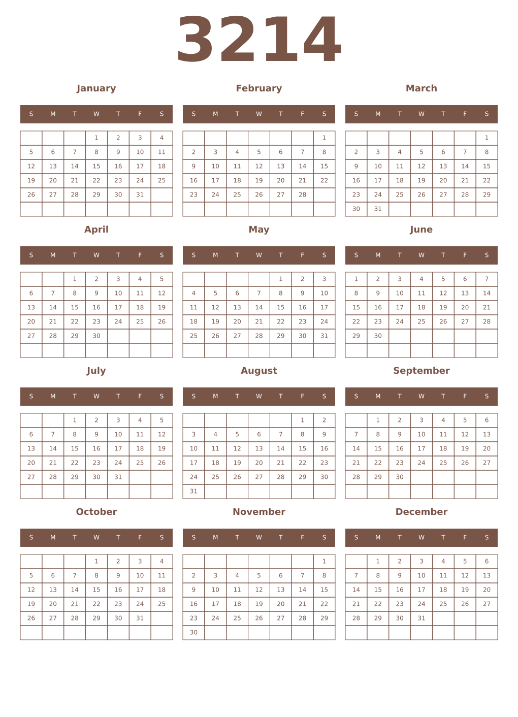 Printable 3214 Year Calendars coffe