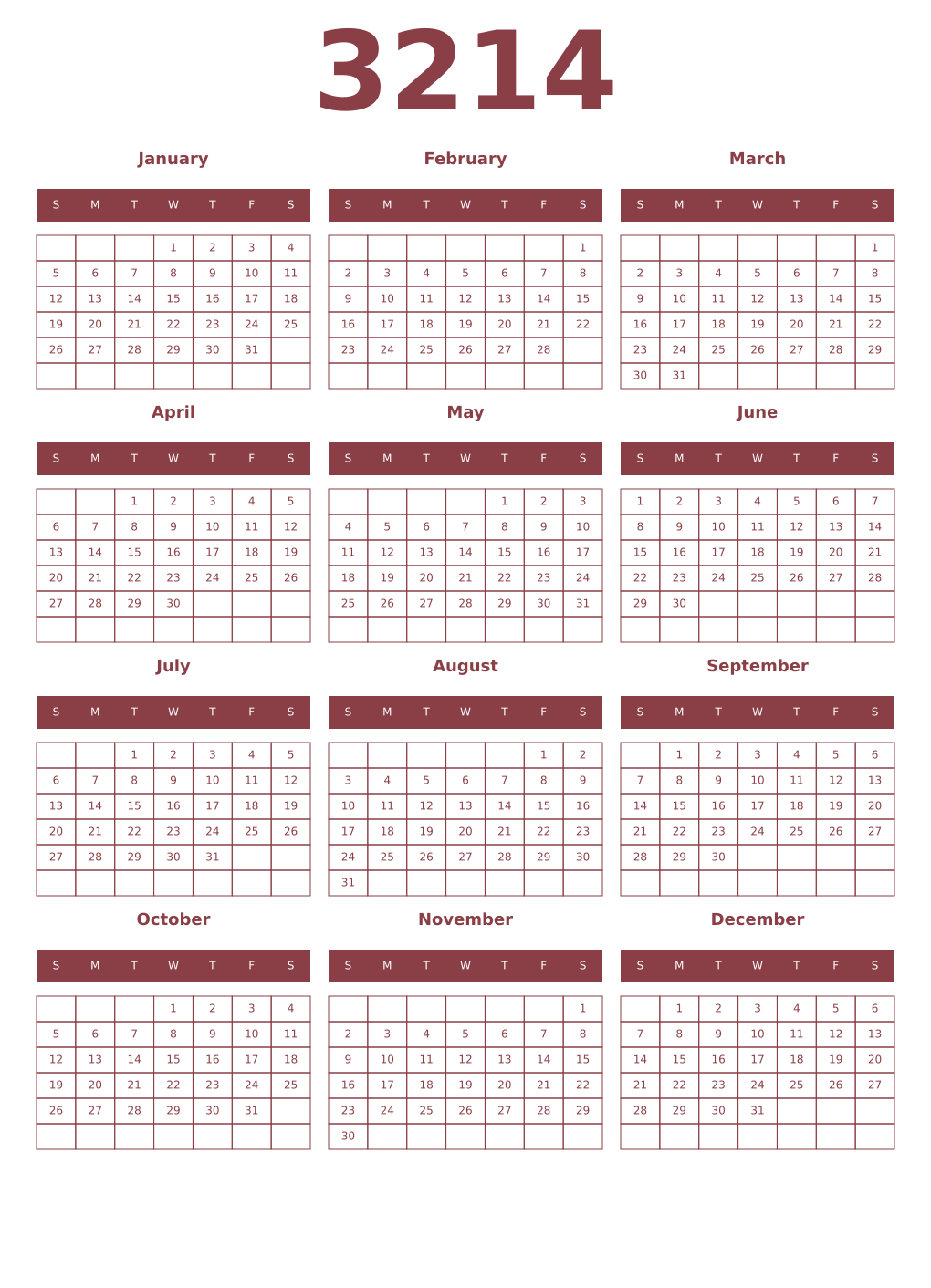 Printable 3214 Year Calendars cordovan