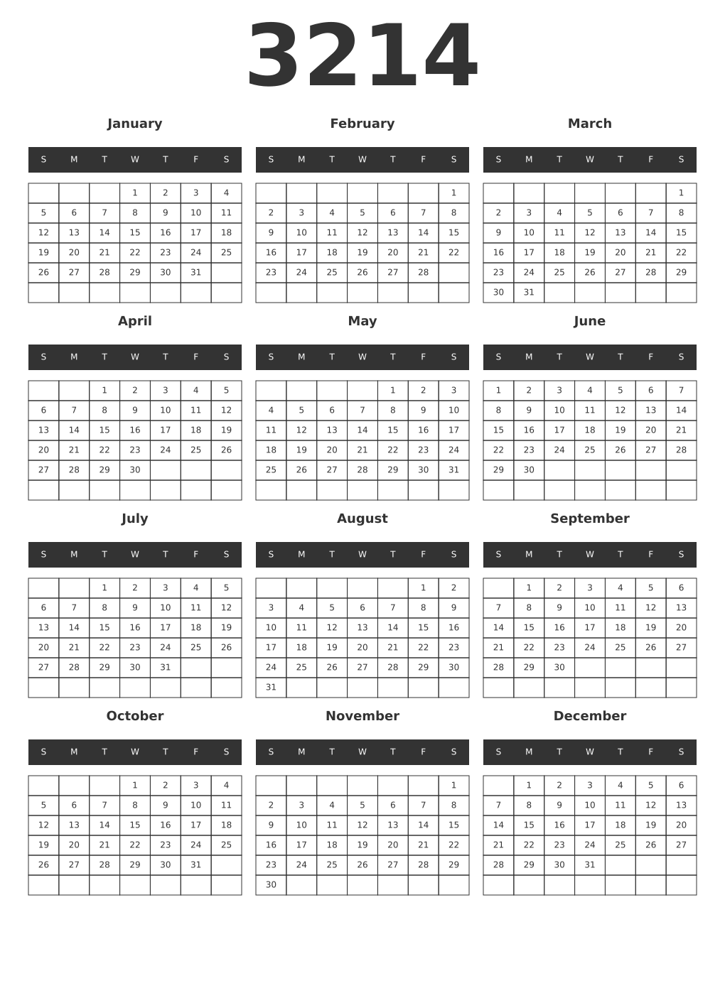Printable 3214 Year Calendars dark