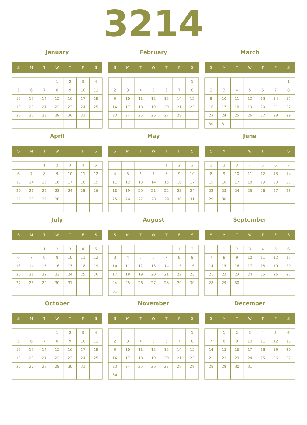 Printable 3214 Year Calendars eburnean