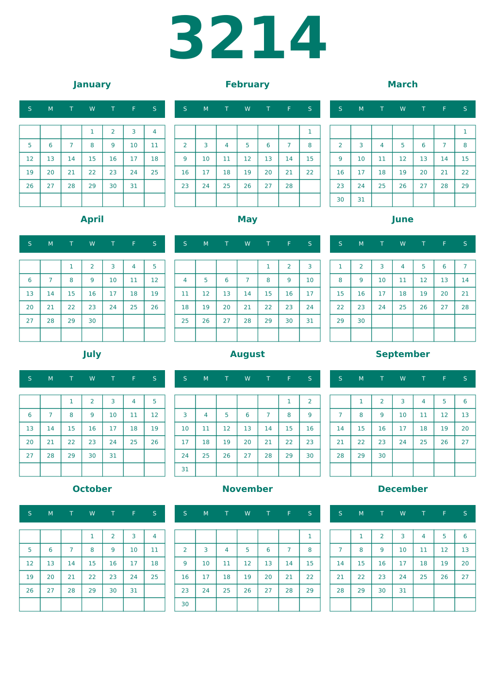 Printable 3214 Year Calendars pastel