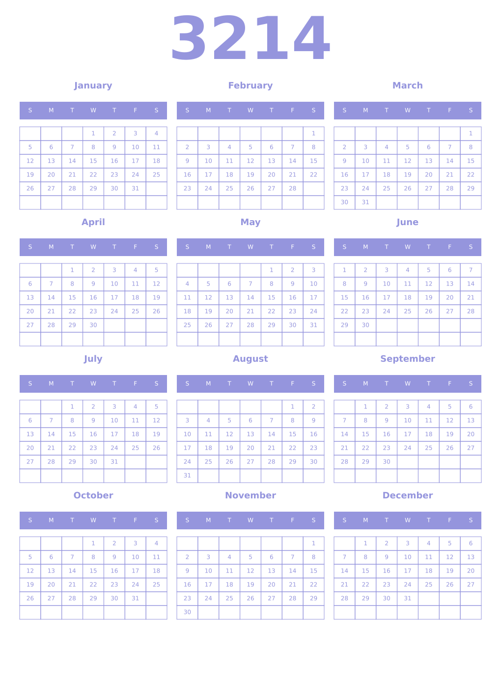 Printable 3214 Year Calendars periwinkle