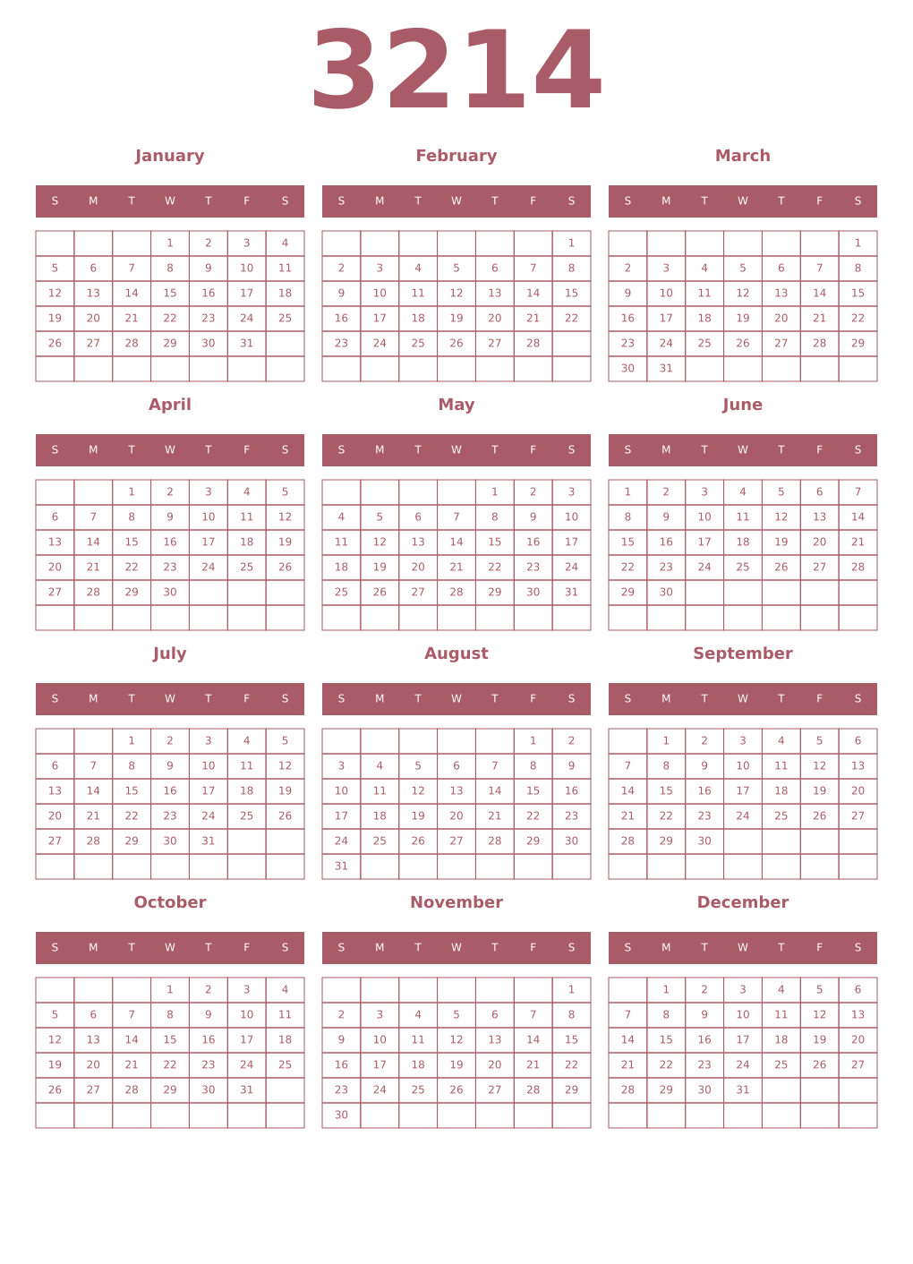 Printable 3214 Year Calendars puce