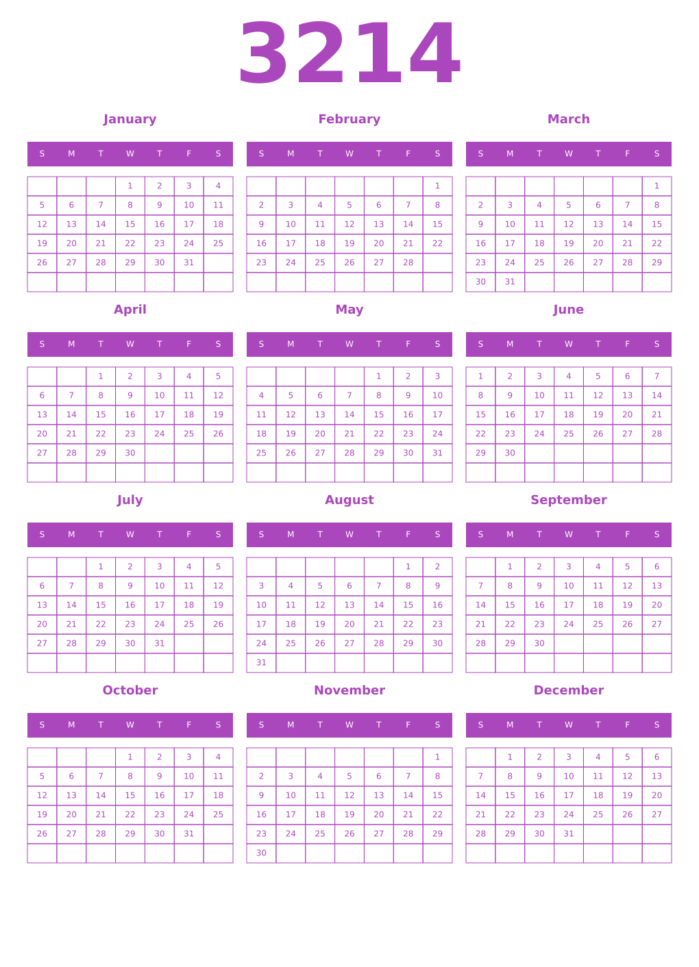Printable 3214 Year Calendars purple