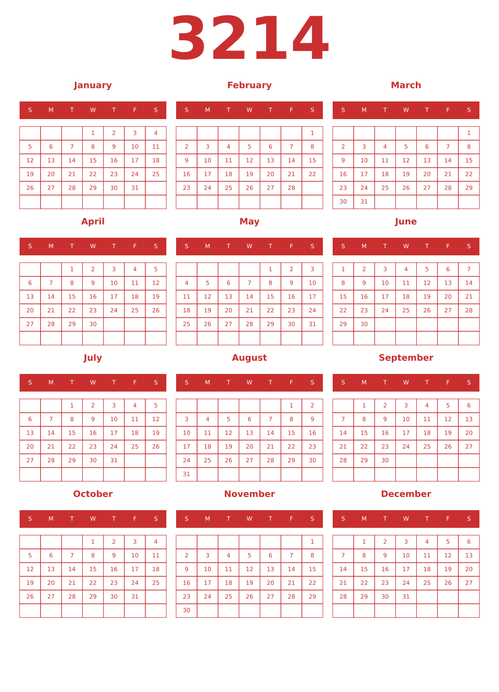 Printable 3214 Year Calendars red