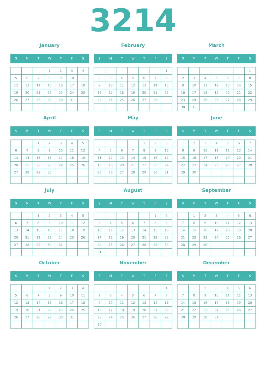 Printable 3214 Year Calendars verdigris