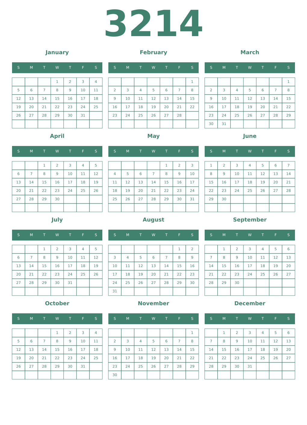 Printable 3214 Year Calendars viridian