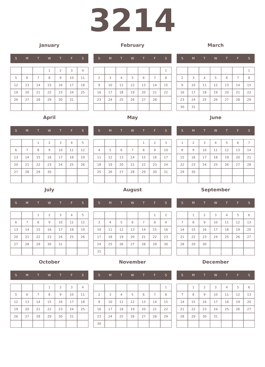 Printable 3214 Year Calendars wenge