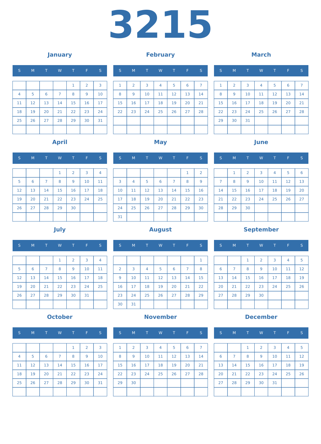 Printable 3215 Year Calendars blue