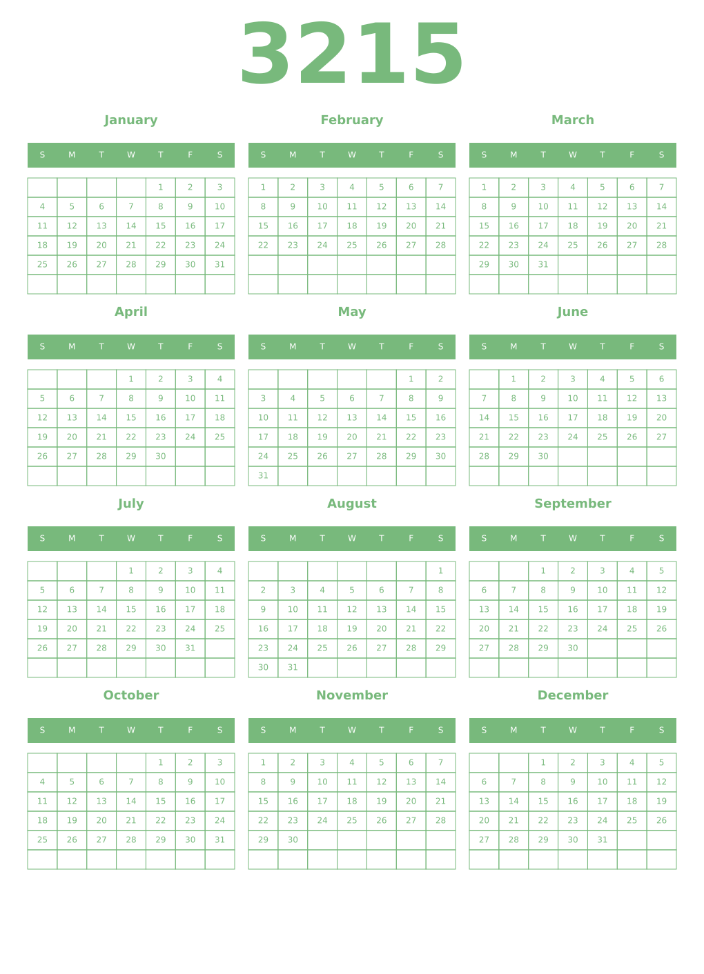 Printable 3215 Year Calendars celadon