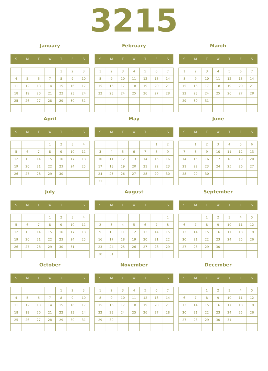 Printable 3215 Year Calendars eburnean