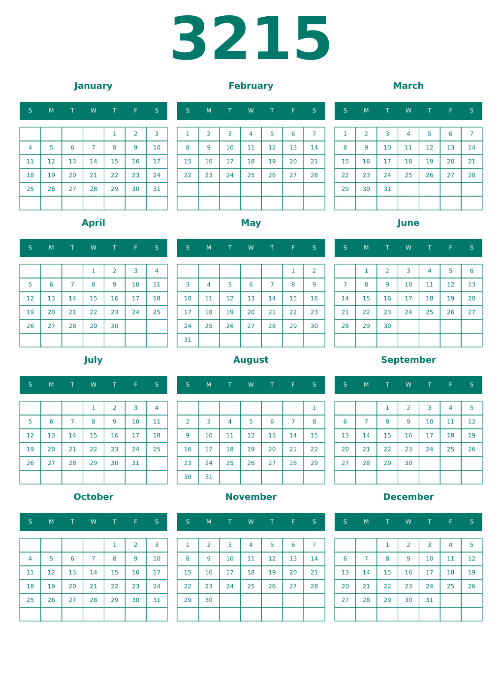 Printable 3215 Year Calendars pastel