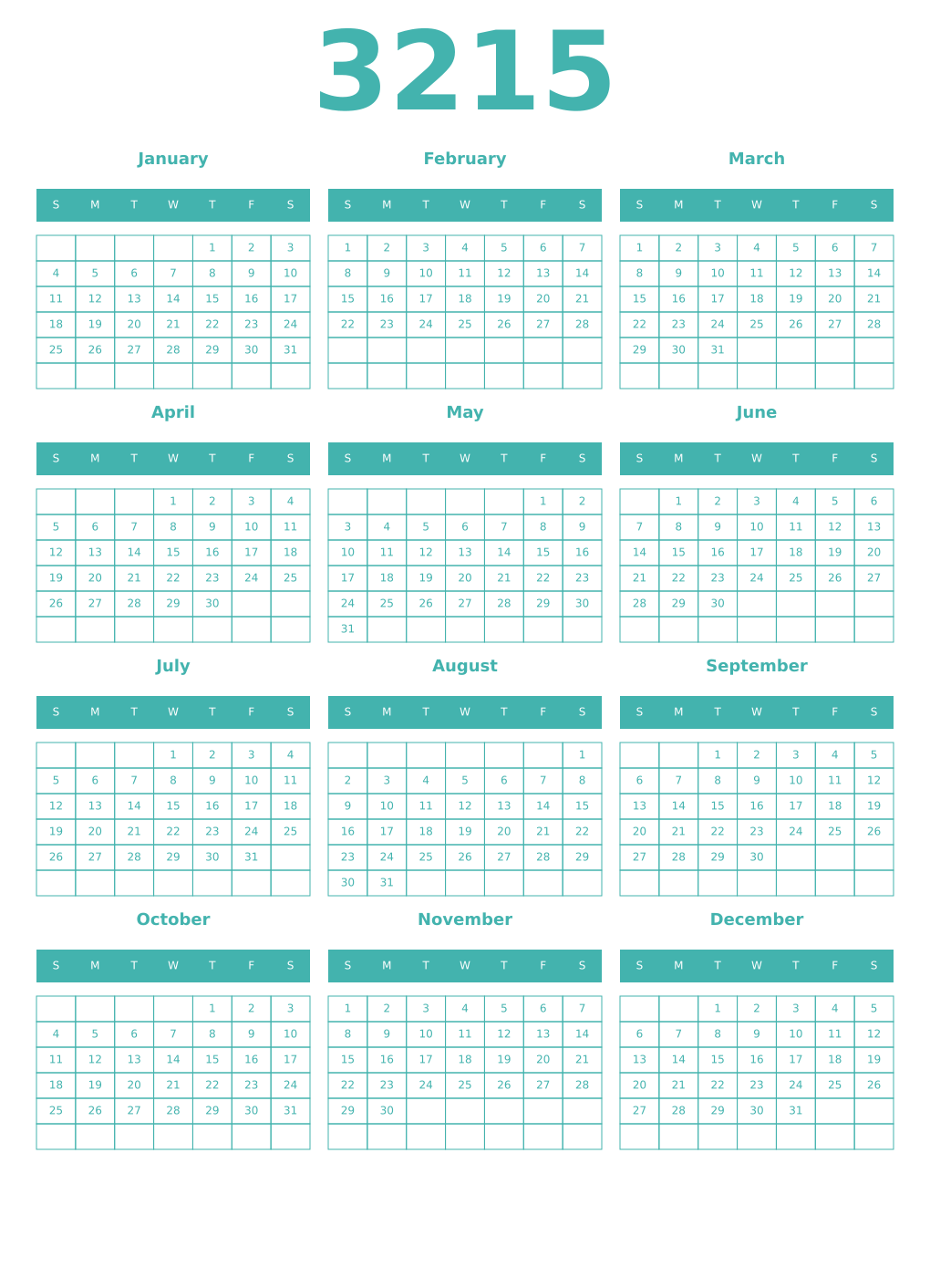 Printable 3215 Year Calendars verdigris