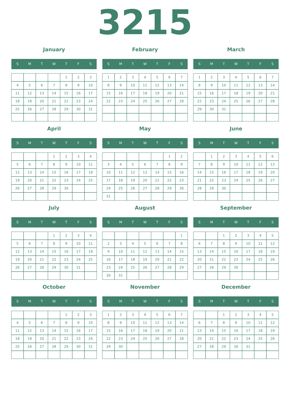 Printable 3215 Year Calendars viridian